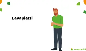 Uomo con barba rossa, maglietta verde e jeans scuri, guarda il telefono. La scritta "Lavapiatti" suggerisce informazioni sullo stipendio lavapiatti livello 7.