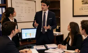 Un promoter presenta una strategia di ricavi per camere d'albergo, analizzando dati e previsioni con il suo team.