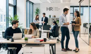 Ufficio moderno con persone che collaborano. Un uomo e una donna discutono di lavoro, un'altra coppia parla vicino alla scritta "HR".