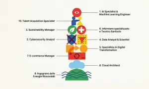 Elenco dei lavori più richiesti nei prossimi 10 anni: AI Specialist, Infermiere, Data Analyst, Cloud Architect, Ingegnere Energie Rinnovabili e altri.
