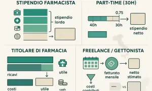 Schema illustra lo stipendio farmacista: lordo, netto part-time, utile titolare e netto stimato freelance.
