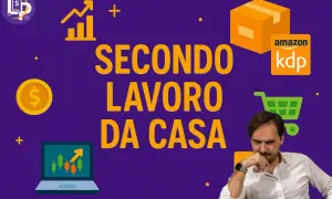 Uomo pensieroso con grafici e simboli di denaro, che suggeriscono un **secondo lavoro da casa** con Amazon KDP.
