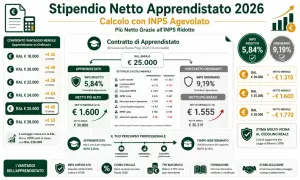 Calcolo stipendio netto apprendistato 2026: con RAL €28.000, +€55 netti al mese. Cerco lavoro trasfertista.