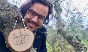 Il proprietario del b&b cerca personale. Sorride tra gli ulivi, con un cartello "Famiglia Lotti" appeso a un ramo.