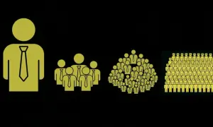 Icone di persone con cravatta, da una a molte, che rappresentano la crescita di un team. Un consulente SAP con uno stipendio elevato guida questo gruppo.