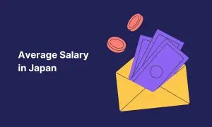 Busta gialla con banconote viola e monete arancioni. Titolo: "Average Salary in Japan".