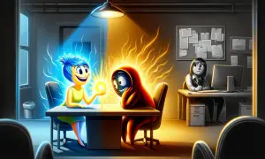Gioia cerca di confortare un personaggio avvolto nell'ansia da cambio lavoro, mentre un'altra figura è persa nei suoi pensieri al computer.