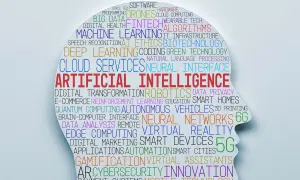 Profilo di una testa umana riempito di parole chiave tecnologiche, tra cui "Intelligenza Artificiale". È difficile diventare PM? La tecnologia avanza.