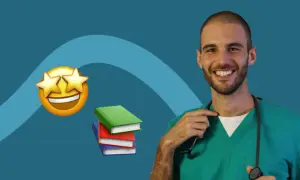 Un medico sorridente con uno stetoscopio, libri e un'emoji con stelle negli occhi, per capire quanto guadagna un dermatologo.