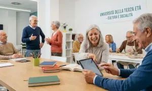 Anziani sorridenti partecipano a un corso di università gratuita dopo i 50 anni, imparando e socializzando.