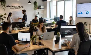 Team in ufficio di digital marketing, focus su analisi dati e strategie. Un buon web marketing manager stipendio è meritato per questi risultati.