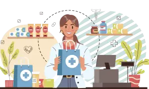 Farmacista sorridente con sacchetto blu, farmaci sugli scaffali. Immagine illustra come diventare farmacista.