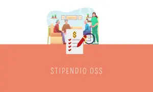 Un foglio con un dollaro e una penna, accanto a un'infermiera che assiste anziani. Scopri quanto guadagna un OSS in ospedale.