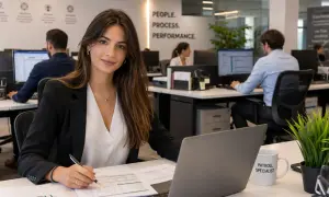 Donna al lavoro in ufficio, concentrata su report e laptop. Gestisce le risorse umane e lo stipendio, assicurando precisione.