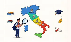 Studente cerca università private elenco in Italia, con libri, toga e cartellino costo.