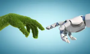 Mano verde e mano robotica si sfiorano, simboleggiando il futuro dell'ingegneria ambientale e i suoi sbocchi lavorativi.