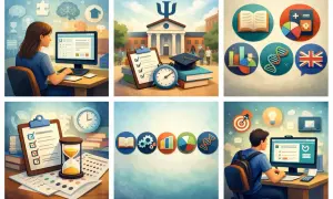 Immagini che illustrano la preparazione al TOLC PSI, con focus su tempo, studio e materie.