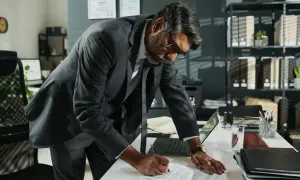 Uomo d'affari in ufficio firma documenti. Per diventare notaio, si studia diritto civile e commerciale, materie fondamentali per questa professione.