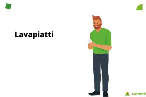 Uomo con barba rossa, maglietta verde e jeans scuri, guarda il telefono. La scritta "Lavapiatti" suggerisce informazioni sullo stipendio lavapiatti livello 7.