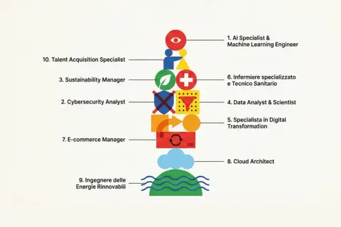 Elenco dei lavori più richiesti nei prossimi 10 anni: AI Specialist, Infermiere, Data Analyst, Cloud Architect, Ingegnere Energie Rinnovabili e altri.