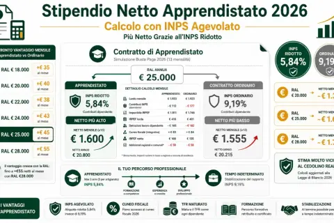 Calcolo stipendio netto apprendistato 2026: con RAL €28.000, +€55 netti al mese. Cerco lavoro trasfertista.