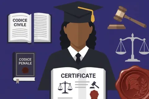 Laurea in giurisprudenza, simbolo della migliore università di giurisprudenza in Italia. Libri di legge, bilancia della giustizia, martelletto e sigillo.