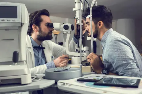 Un oculista esamina l'occhio di un paziente con uno strumento. Un percorso per diventare oculista inizia con un esame accurato.