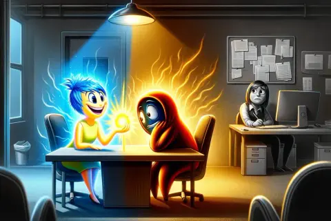 Gioia cerca di confortare un personaggio avvolto nell'ansia da cambio lavoro, mentre un'altra figura è persa nei suoi pensieri al computer.