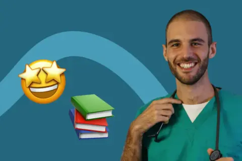 Un medico sorridente con uno stetoscopio, libri e un'emoji con stelle negli occhi, per capire quanto guadagna un dermatologo.