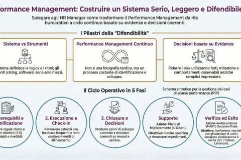 Schema del Performance Management: le tappe di una carriera, dal sistema alle decisioni basate su evidenze, con un ciclo operativo in 5 fasi.