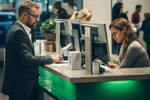 Uomo in giacca e donna al bancone di una banca, concentrati sul lavoro. Per lavorare in banca serve la laurea, e loro sembrano averla.