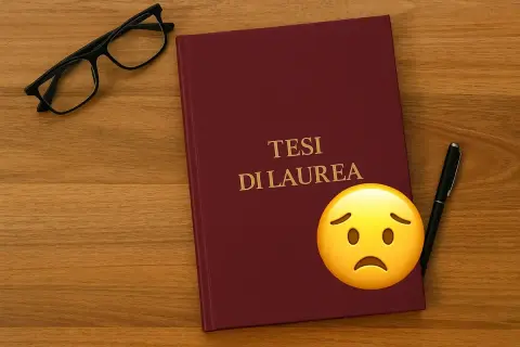 Tesi di laurea e-campus, occhiali e penna su un tavolo di legno. Un emoji triste accanto al titolo.