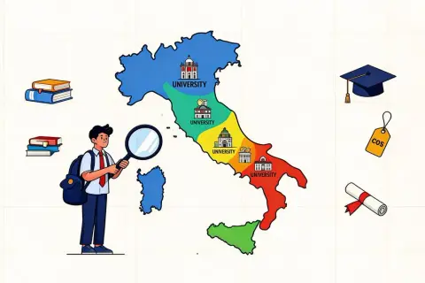 Studente cerca università private elenco in Italia, con libri, toga e cartellino costo.