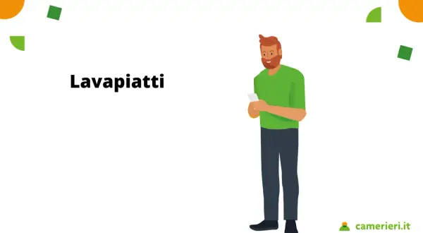 Uomo con barba rossa, maglietta verde e jeans scuri, guarda il telefono. La scritta "Lavapiatti" suggerisce informazioni sullo stipendio lavapiatti livello 7.