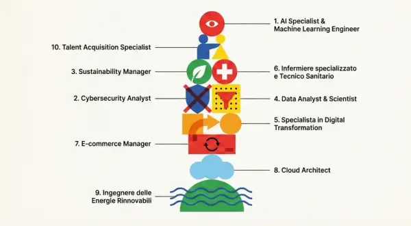 Elenco dei lavori più richiesti nei prossimi 10 anni: AI Specialist, Infermiere, Data Analyst, Cloud Architect, Ingegnere Energie Rinnovabili e altri.