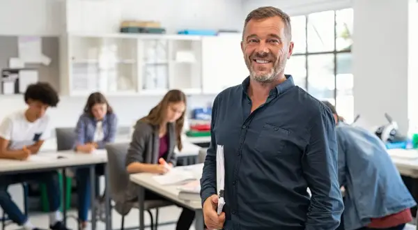 Un professore sorridente in aula, con studenti che studiano. Un esempio di come diventare professore superiori.