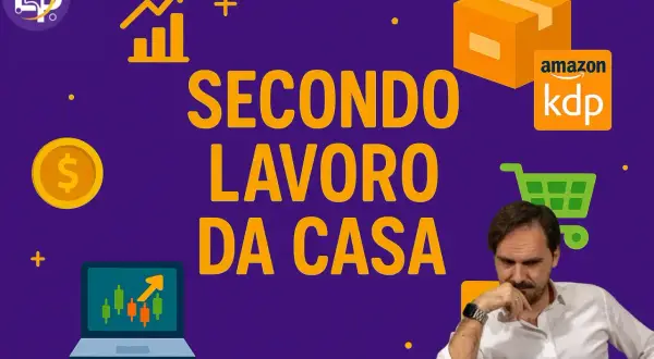Uomo pensieroso con grafici e simboli di denaro, che suggeriscono un **secondo lavoro da casa** con Amazon KDP.
