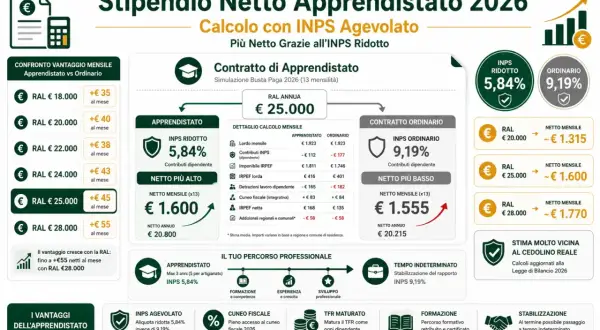 Calcolo stipendio netto apprendistato 2026: con RAL €28.000, +€55 netti al mese. Cerco lavoro trasfertista.