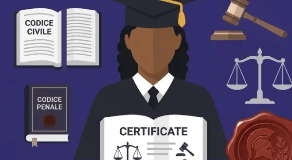 Laurea in giurisprudenza, simbolo della migliore università di giurisprudenza in Italia. Libri di legge, bilancia della giustizia, martelletto e sigillo.