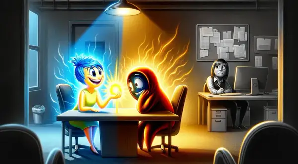 Gioia cerca di confortare un personaggio avvolto nell'ansia da cambio lavoro, mentre un'altra figura è persa nei suoi pensieri al computer.