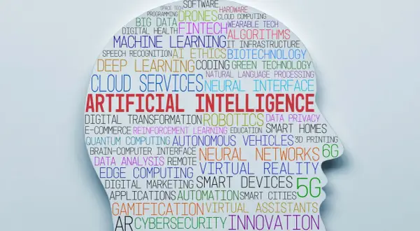 Profilo di una testa umana riempito di parole chiave tecnologiche, tra cui "Intelligenza Artificiale". È difficile diventare PM? La tecnologia avanza.