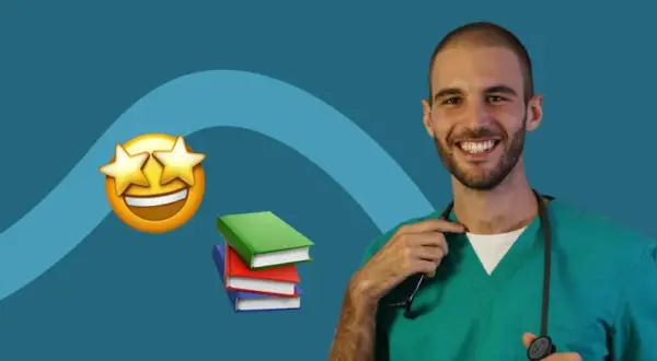Un medico sorridente con uno stetoscopio, libri e un'emoji con stelle negli occhi, per capire quanto guadagna un dermatologo.
