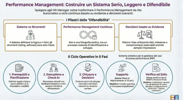 Schema del Performance Management: le tappe di una carriera, dal sistema alle decisioni basate su evidenze, con un ciclo operativo in 5 fasi.