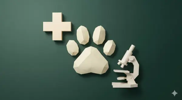 Simboli di cura e scienza: croce, zampa, microscopio. Un'ispirazione visiva per chi vuole capire come diventare veterinario.