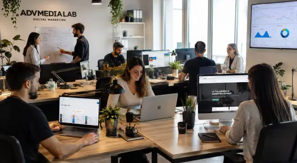Team in ufficio di digital marketing, focus su analisi dati e strategie. Un buon web marketing manager stipendio è meritato per questi risultati.