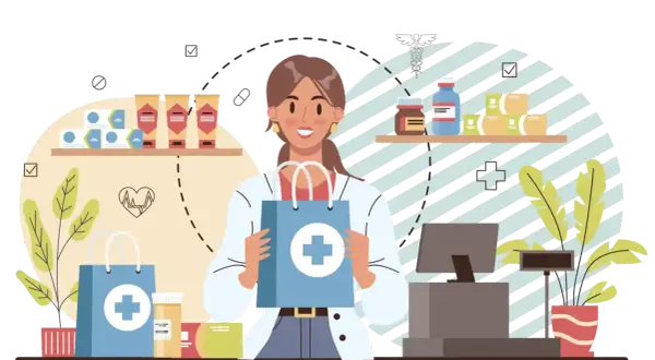 Farmacista sorridente con sacchetto blu, farmaci sugli scaffali. Immagine illustra come diventare farmacista.