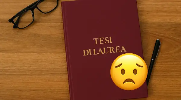 Tesi di laurea e-campus, occhiali e penna su un tavolo di legno. Un emoji triste accanto al titolo.