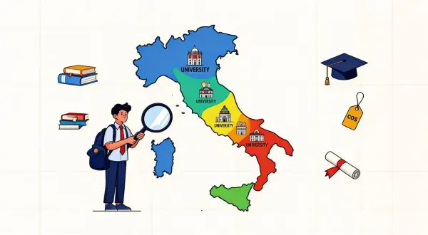 Studente cerca università private elenco in Italia, con libri, toga e cartellino costo.