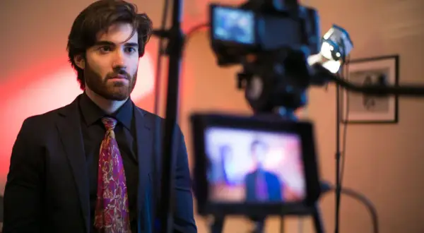 Un giovane attore con barba e cravatta colorata, pronto per essere ripreso da una telecamera.