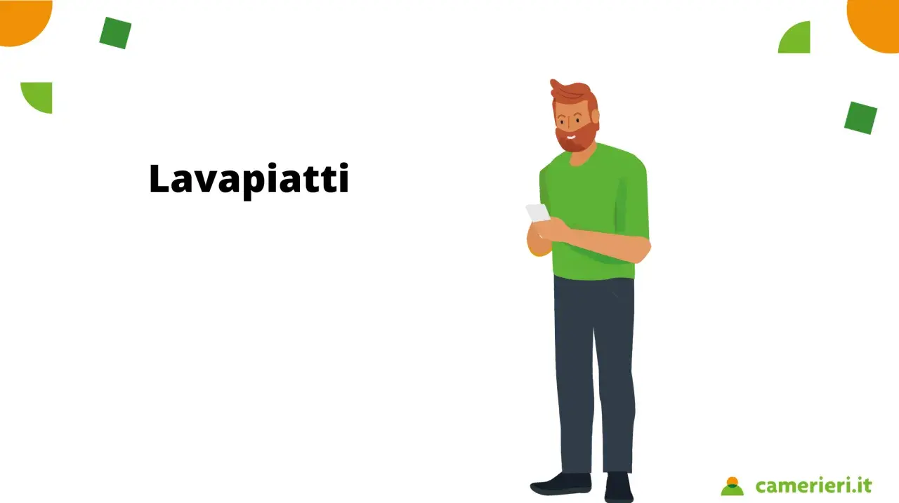 Uomo con barba rossa, maglietta verde e jeans scuri, guarda il telefono. La scritta "Lavapiatti" suggerisce informazioni sullo stipendio lavapiatti livello 7.